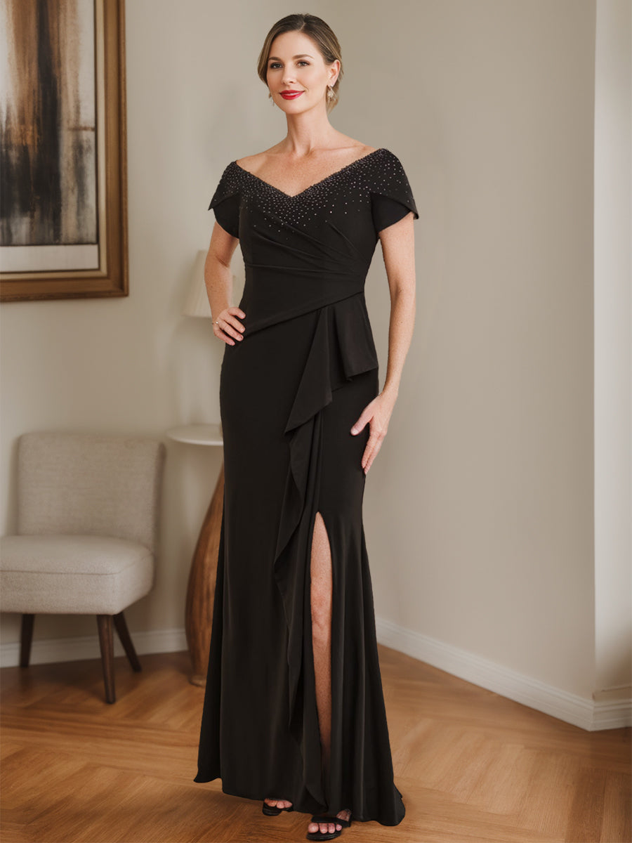 V-Neck Mother of the Bride Sheath/Column Dress with Beading Side Split and Ruffles-BMbridal