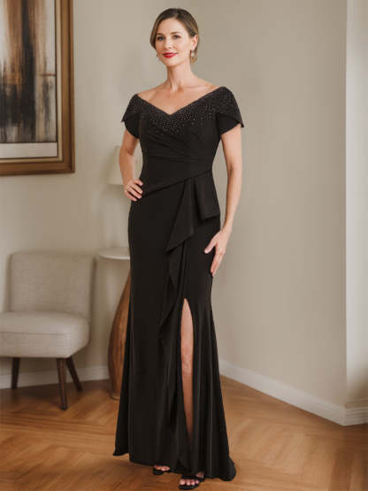 V-Neck Mother of the Bride Sheath/Column Dress with Beading Side Split and Ruffles-BMbridal