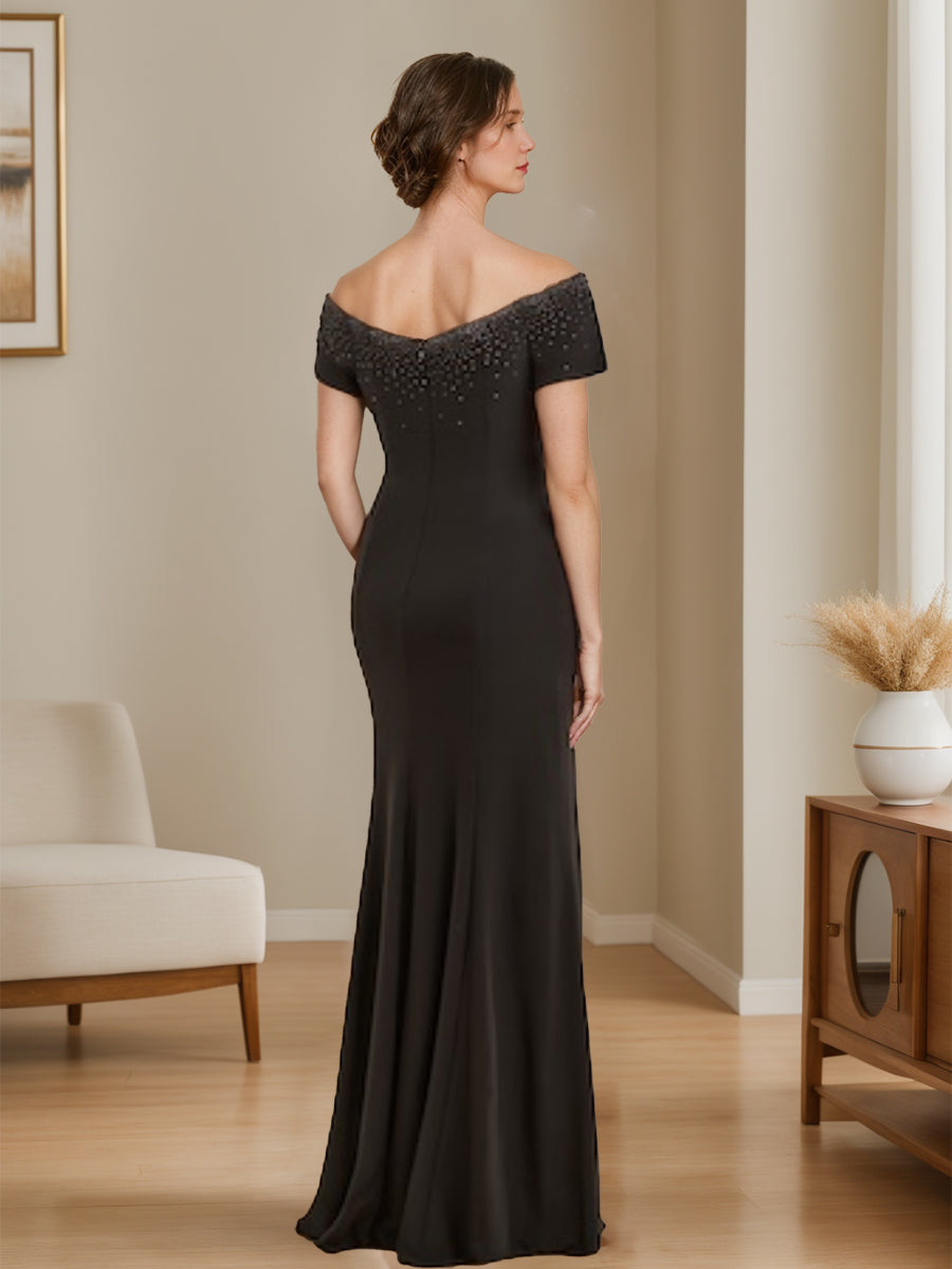 V-Neck Mother of the Bride Sheath/Column Dress with Beading Side Split and Ruffles-BMbridal