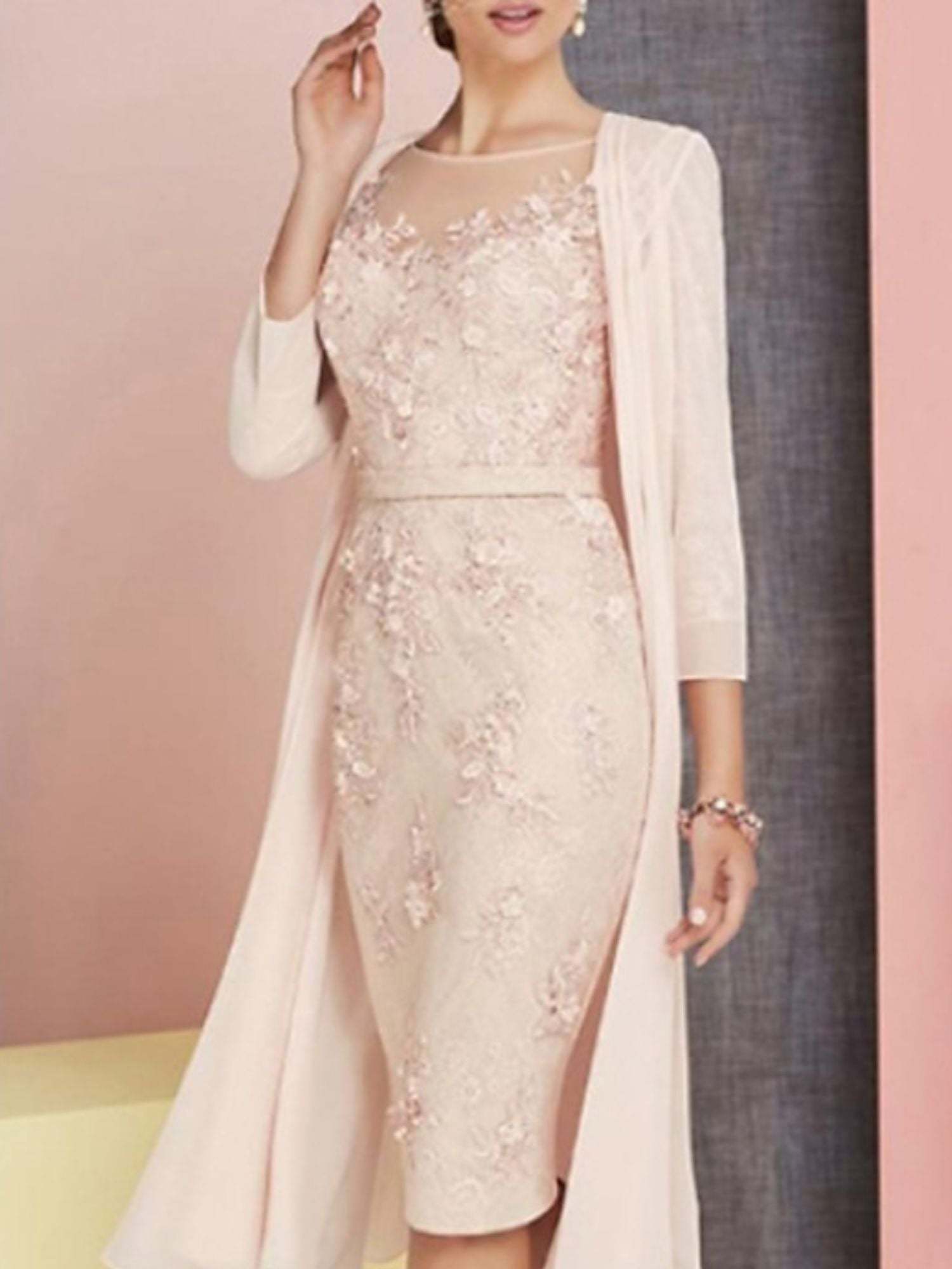 Retro Round Long-Sleeve Knee-Length Mother of the Bride Sheath Dress with Lace Appliques-BMbridal