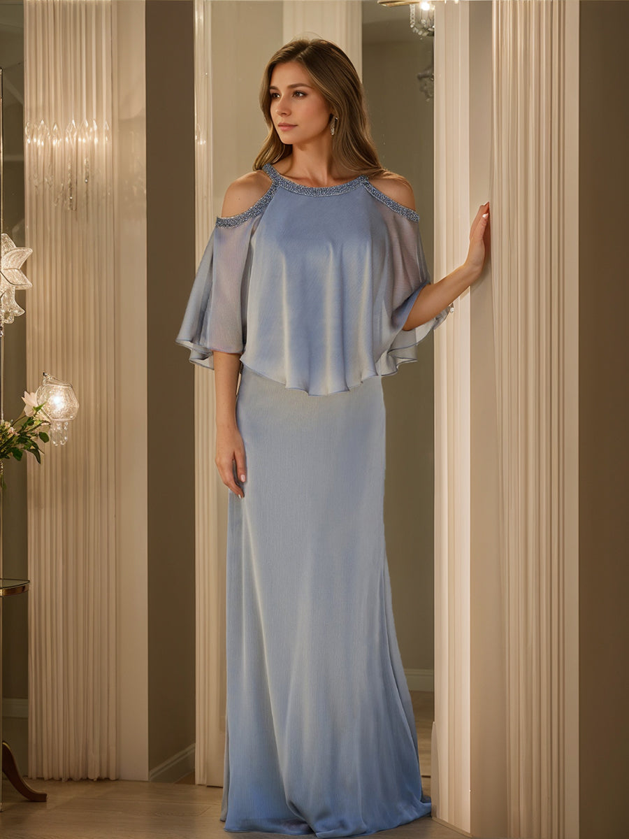 Cowl Neck Half-Sleeve Sheath/Column Mother of the Bride Dress with Ruffles and Beadings-BMbridal