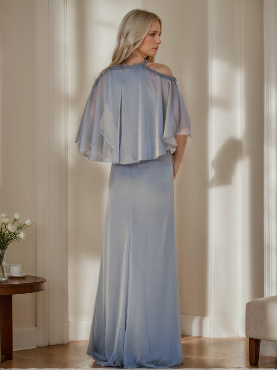 Cowl Neck Half-Sleeve Sheath/Column Mother of the Bride Dress with Ruffles and Beadings-BMbridal