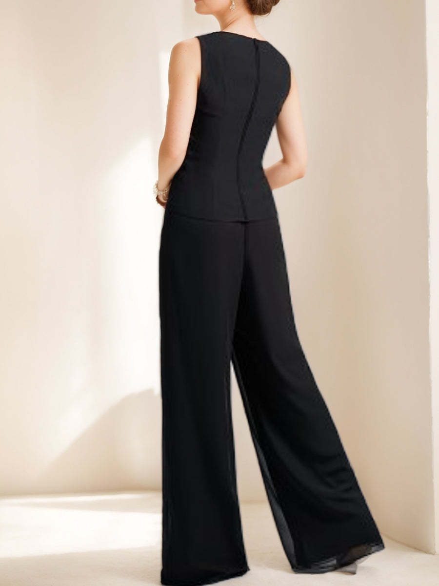 Mother of the Bride Black Chiffon Pantsuit with 3/4 Sleeves Scoop Neck Appliques and Jacket