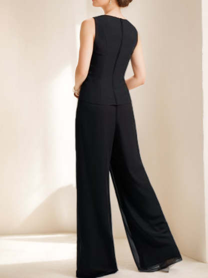Mother of the Bride Black Chiffon Pantsuit with 3/4 Sleeves Scoop Neck Appliques and Jacket