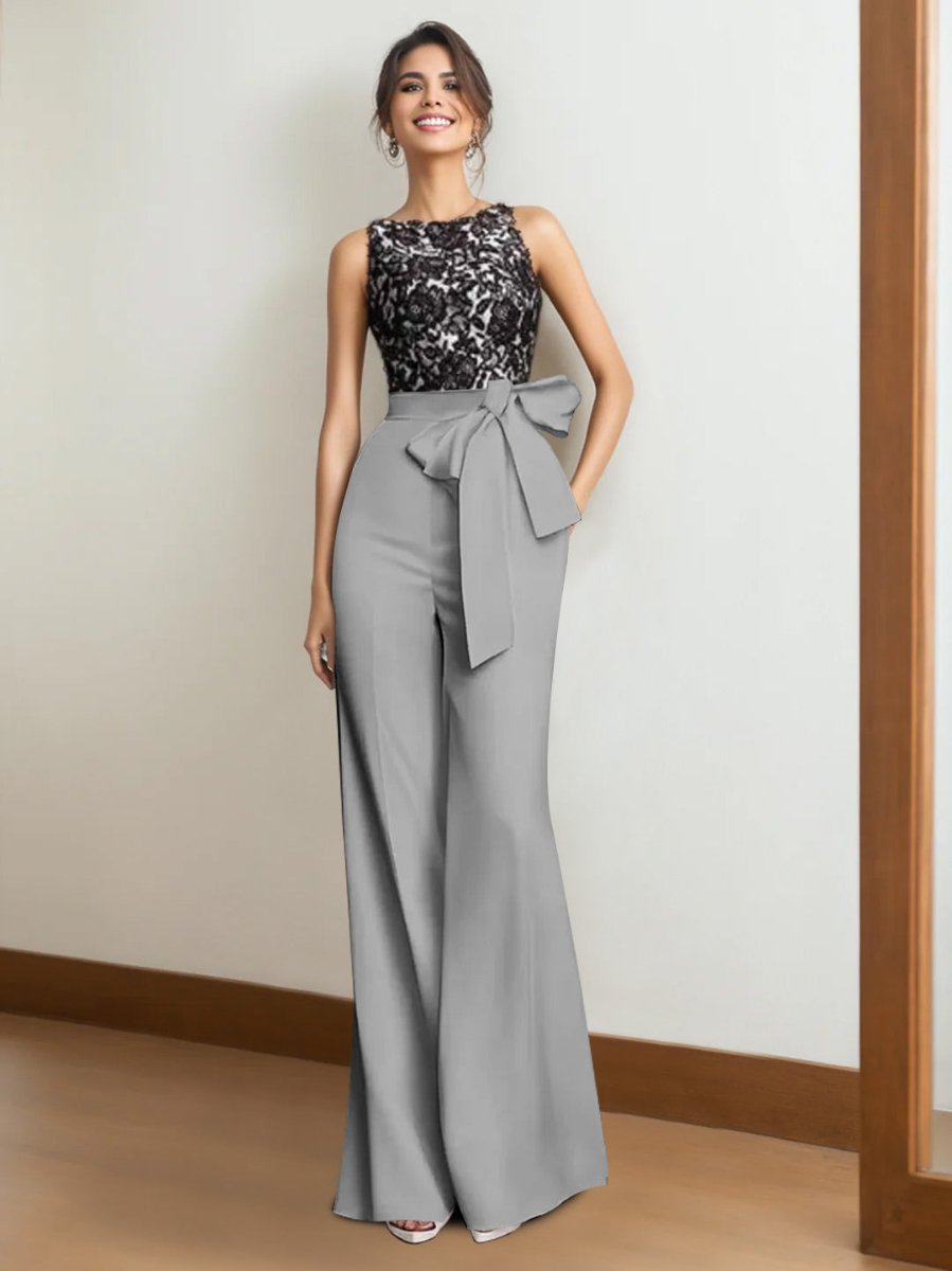 Satin 2-Piece Mother of the Bride Pantsuit: Sleeveless Floor-Length with Lace Appliques & Bow-BMbridal