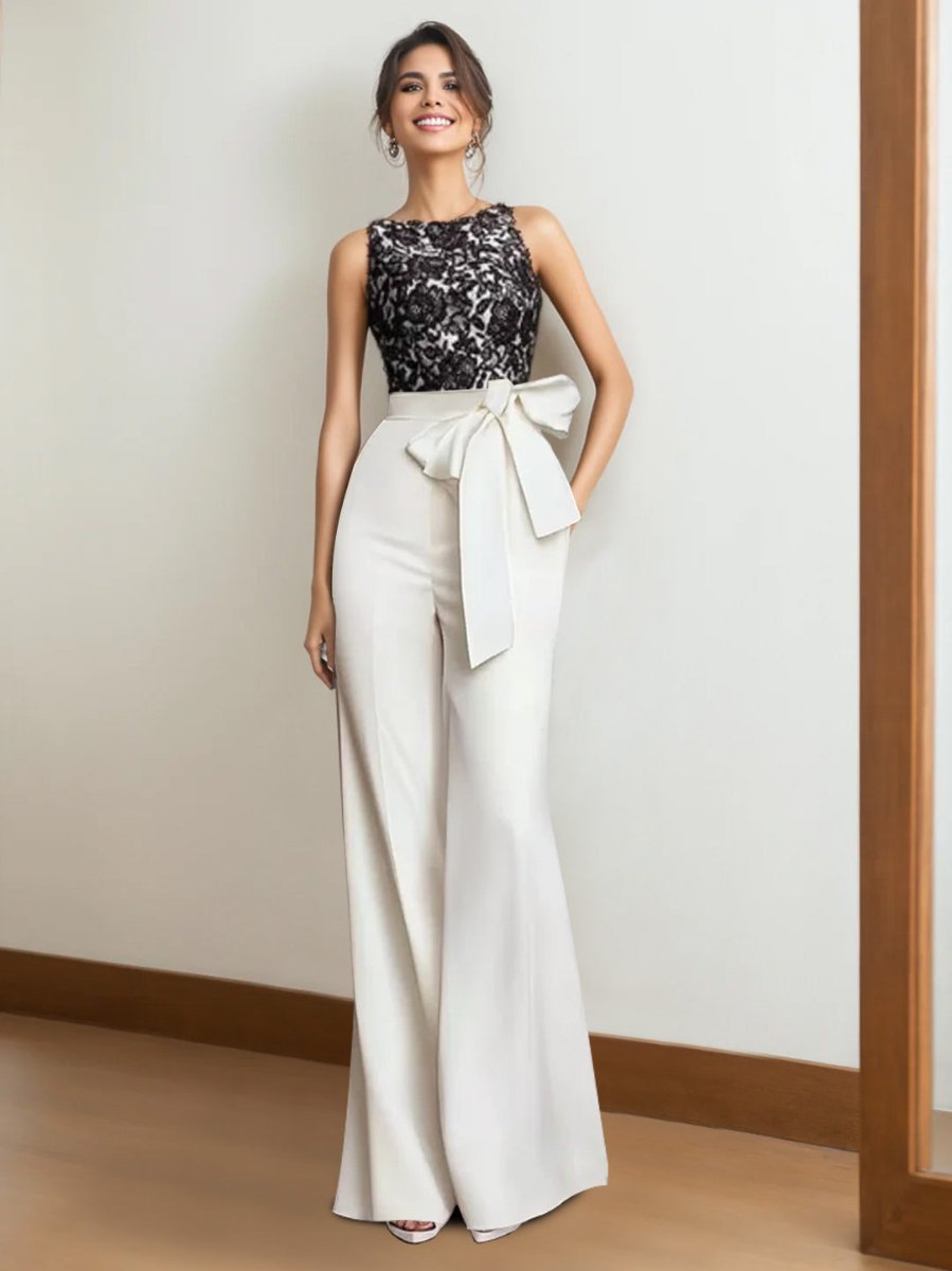 Satin 2-Piece Mother of the Bride Pantsuit: Sleeveless Floor-Length with Lace Appliques & Bow-BMbridal