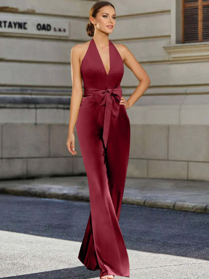 Mother of the Bride 2-Piece V-Neck Sleeveless Pantsuit with Bow Belt Floor Length-BMbridal