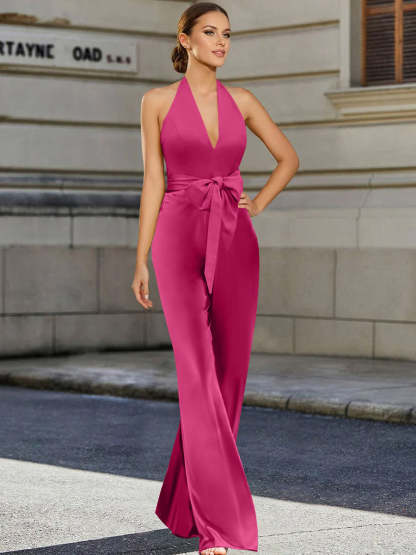 Mother of the Bride 2-Piece V-Neck Sleeveless Pantsuit with Bow Belt Floor Length-BMbridal