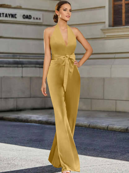 Mother of the Bride 2-Piece V-Neck Sleeveless Pantsuit with Bow Belt Floor Length-BMbridal