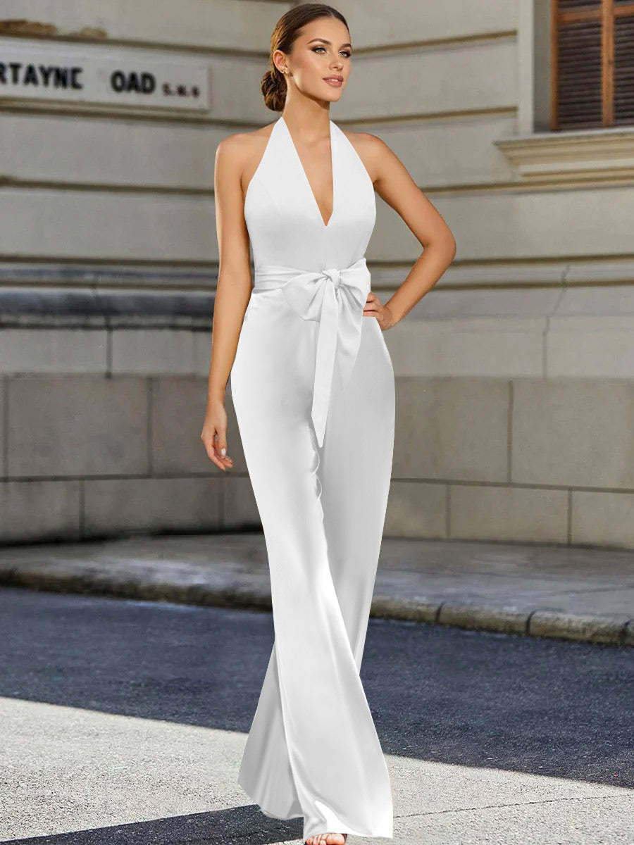 Mother of the Bride 2-Piece V-Neck Sleeveless Pantsuit with Bow Belt Floor Length-BMbridal