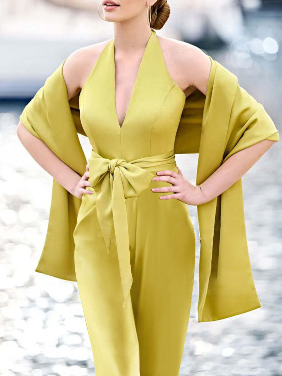 Mother of the Bride 2-Piece V-Neck Sleeveless Pantsuit with Bow Belt Floor Length-BMbridal