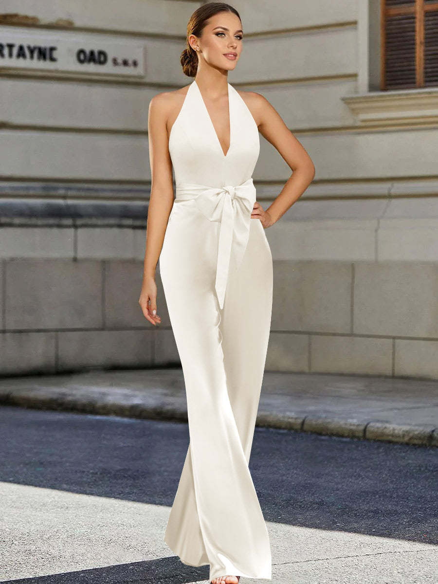 Mother of the Bride 2-Piece V-Neck Sleeveless Pantsuit with Bow Belt Floor Length-BMbridal