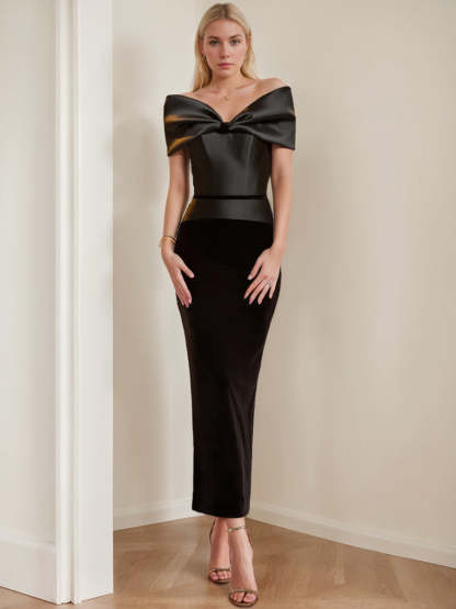 Off-the-Shoulder Ruched Ankle-Length Sheath Dress with Bow for the Mother of the Bride-BMbridal