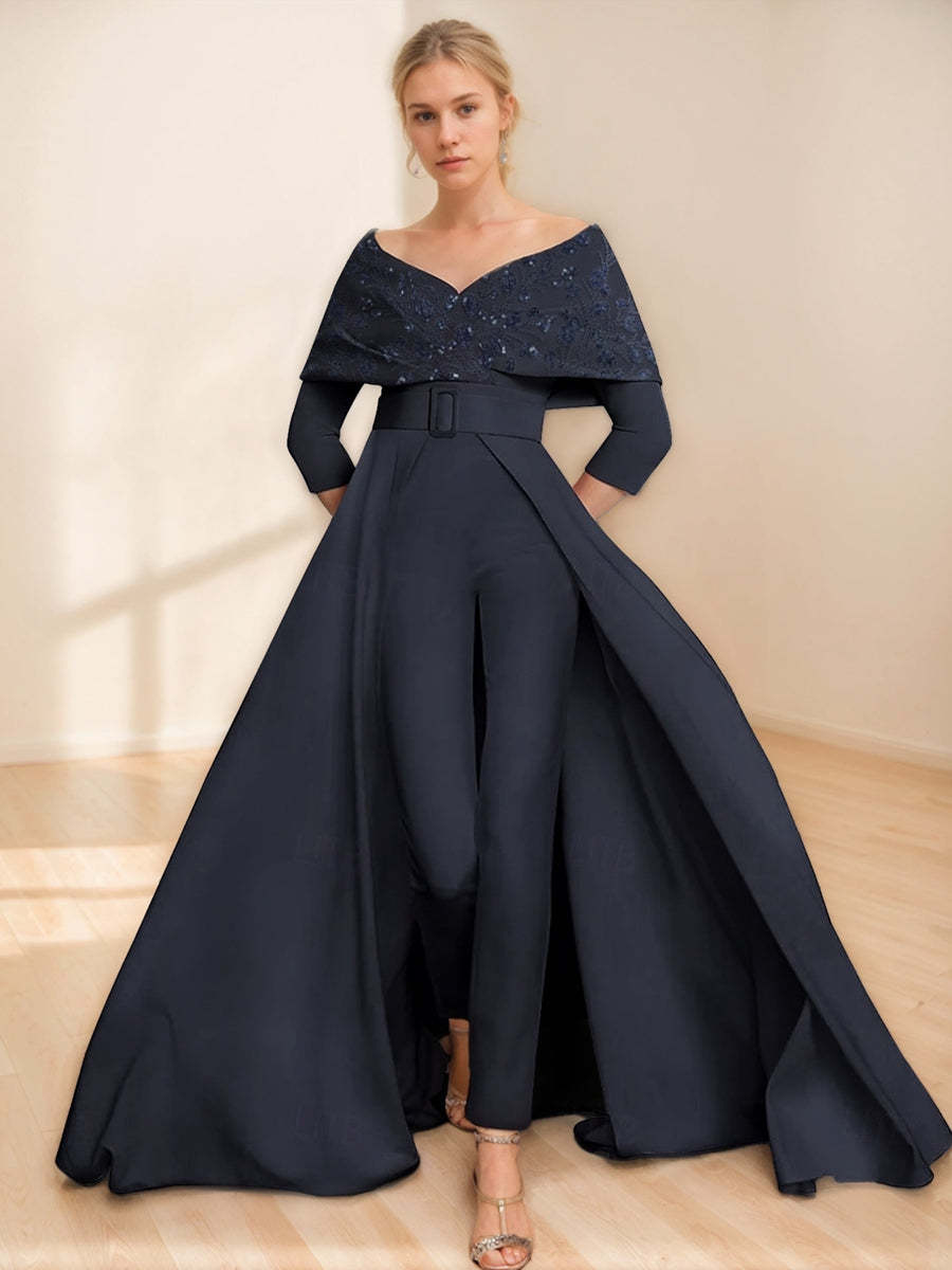 Mother of the Bride Off-the-Shoulder Pantsuit with 3/4 Sleeves Appliques and Belt