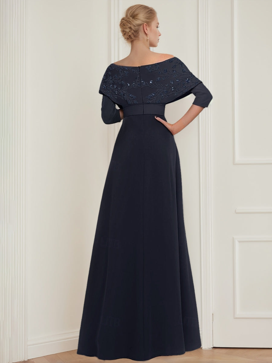 Mother of the Bride Off-the-Shoulder Pantsuit with 3/4 Sleeves Appliques and Belt