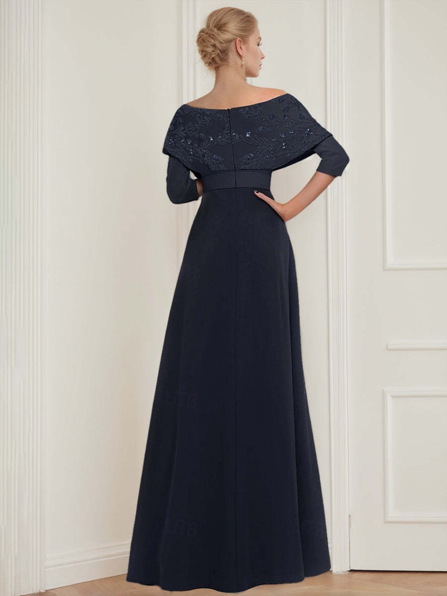 Mother of the Bride Off-the-Shoulder Pantsuit with 3/4 Sleeves Appliques and Belt