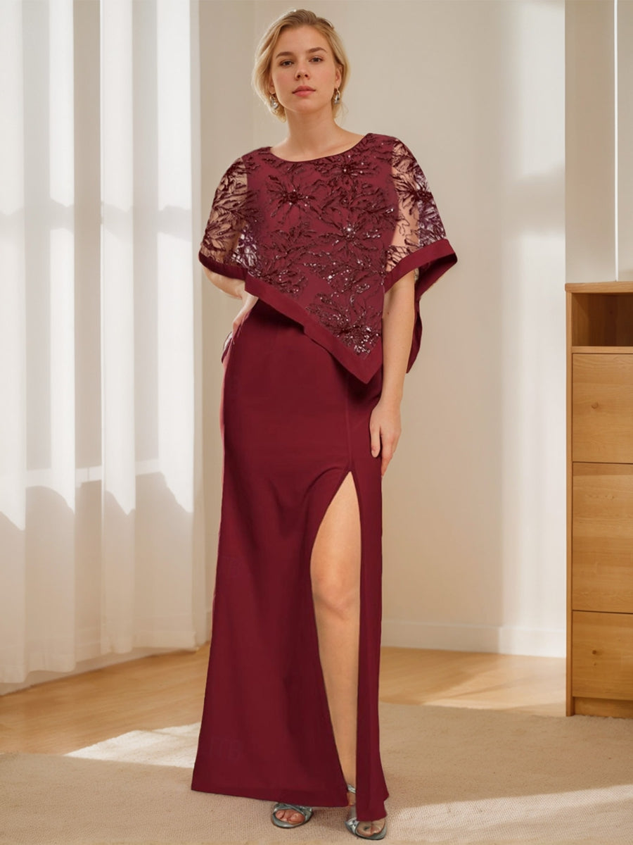 Floor-Length Mermaid/Trumpet Mother of the Bride Jewel Neck Gown with Side Split & Appliques-BMbridal