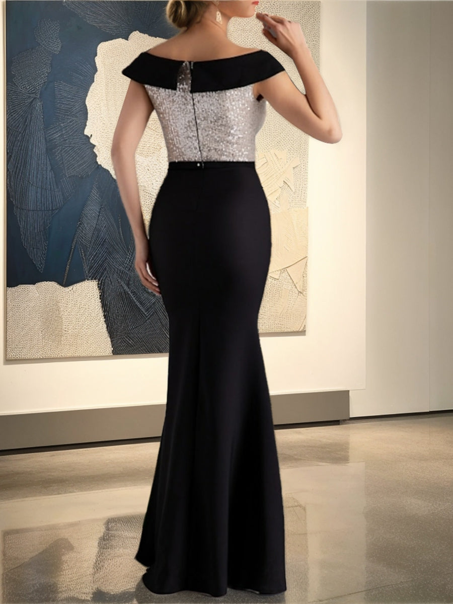Off-the-Shoulder Floor-Length Sequined Sheath/Column Dresses for Mothers of the Bride & Groom-BMbridal