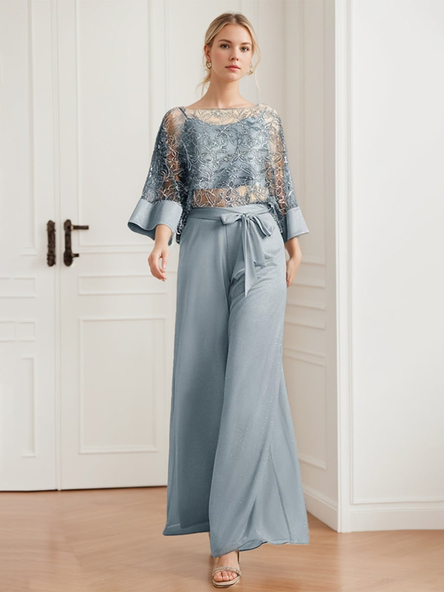 Mother of the Bride 2-Piece Chiffon Pantsuit Featuring Lace Appliques and Sequins-BMbridal
