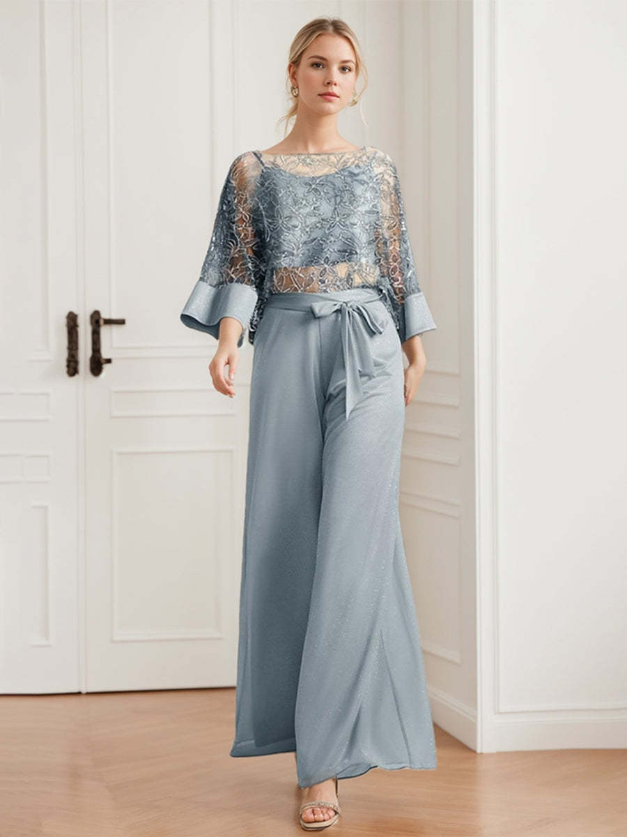 Mother of the Bride 2-Piece Chiffon Pantsuit Featuring Lace Appliques and Sequins-BMbridal