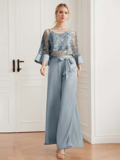 Mother of the Bride 2-Piece Chiffon Pantsuit Featuring Lace Appliques and Sequins-BMbridal