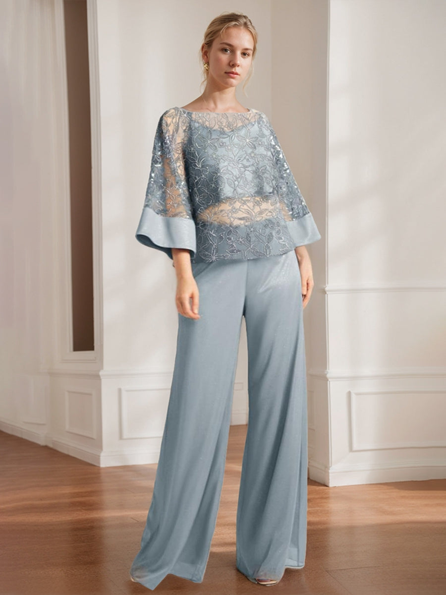 Mother of the Bride 2-Piece Chiffon Pantsuit Featuring Lace Appliques and Sequins-BMbridal