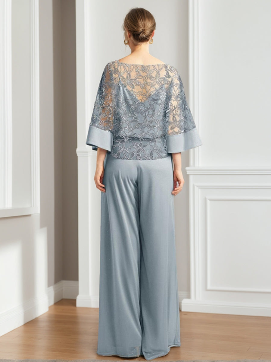 Mother of the Bride 2-Piece Chiffon Pantsuit Featuring Lace Appliques and Sequins-BMbridal