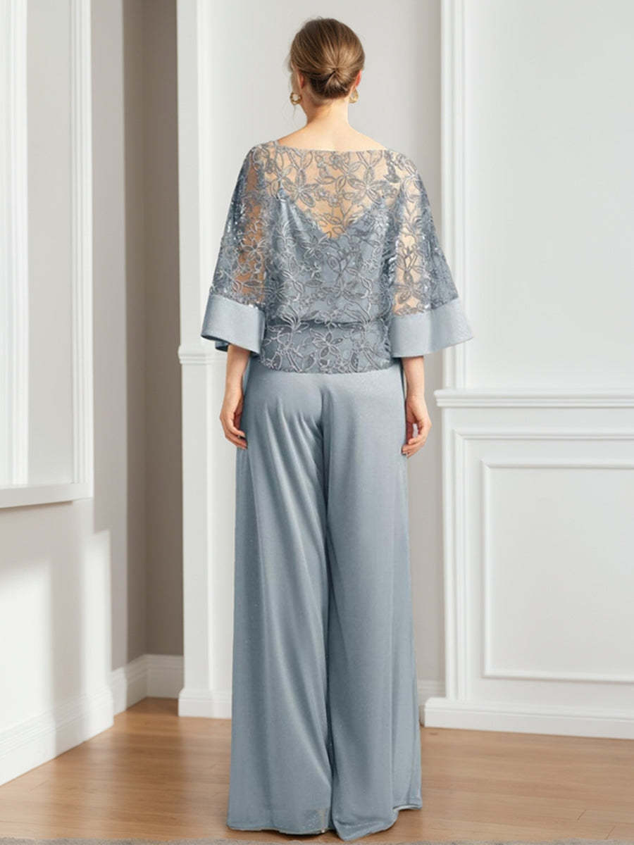 Mother of the Bride 2-Piece Chiffon Pantsuit Featuring Lace Appliques and Sequins-BMbridal