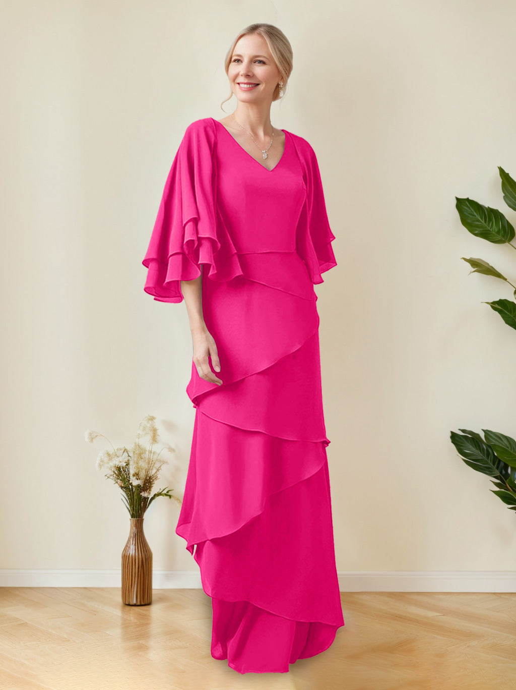 V-Neck A-Line Princess Floor-Length Mother of the Bride Dress with Half Sleeves and Ruffles in Regular & Plus Sizes-BMbridal