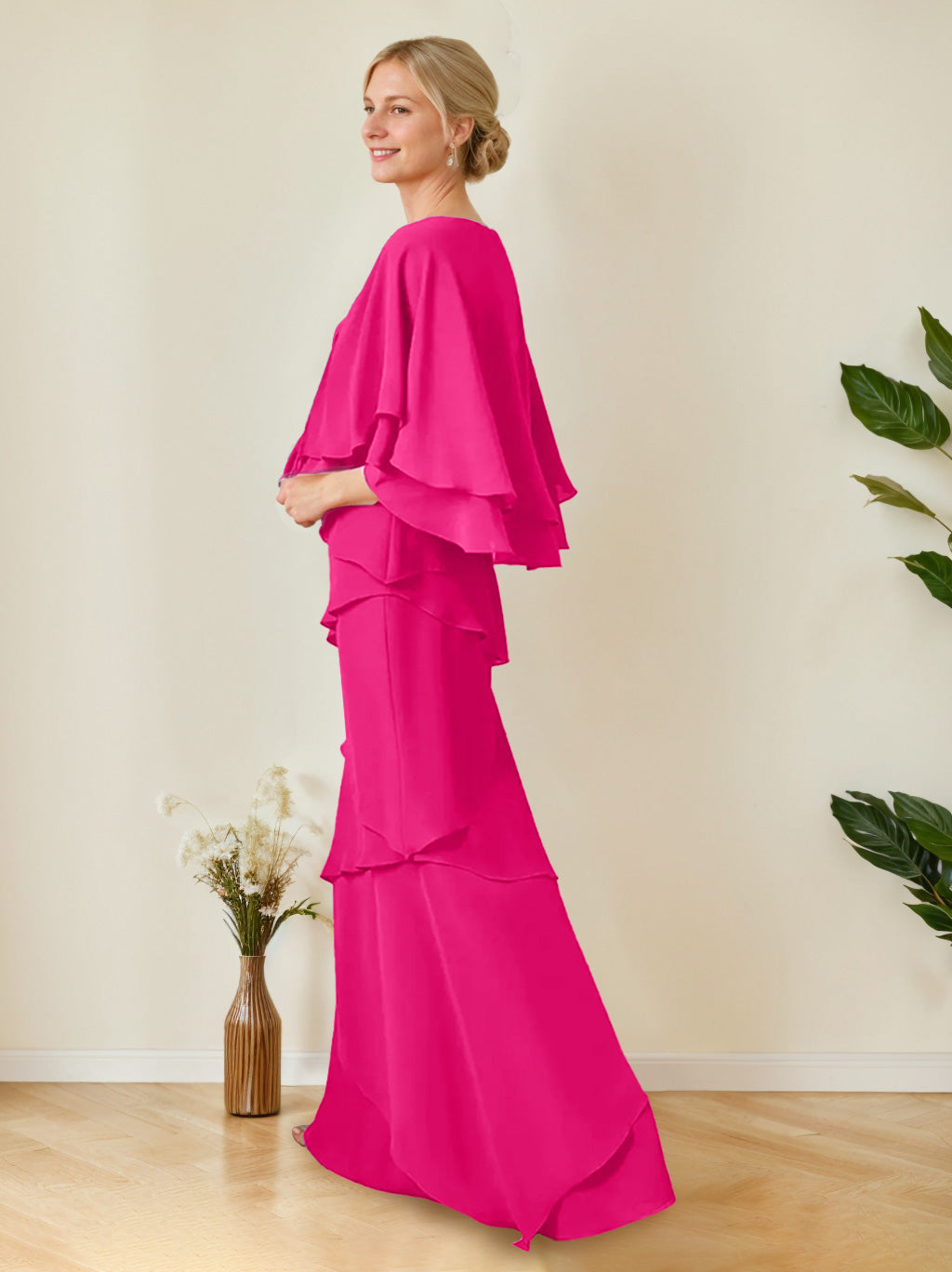 V-Neck A-Line Princess Floor-Length Mother of the Bride Dress with Half Sleeves and Ruffles in Regular & Plus Sizes-BMbridal