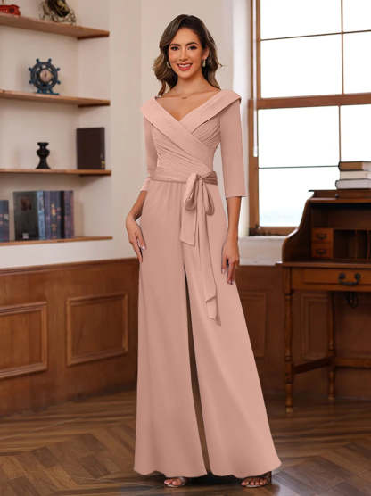 V-Neck Chiffon Jumpsuit with Ruched Detail and 3/4 Sleeves for the Mother-BMbridal