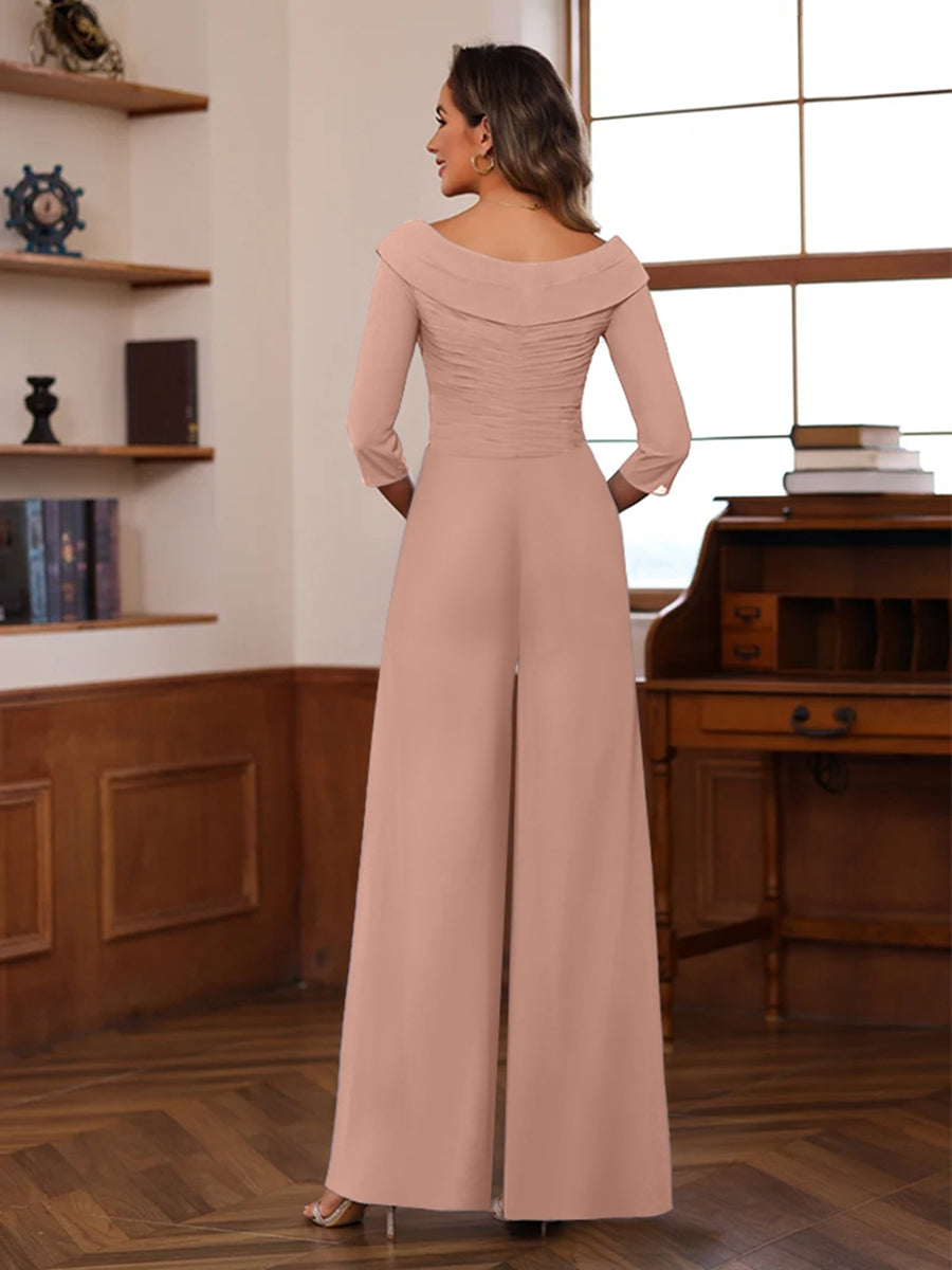V-Neck Chiffon Jumpsuit with Ruched Detail and 3/4 Sleeves for the Mother-BMbridal