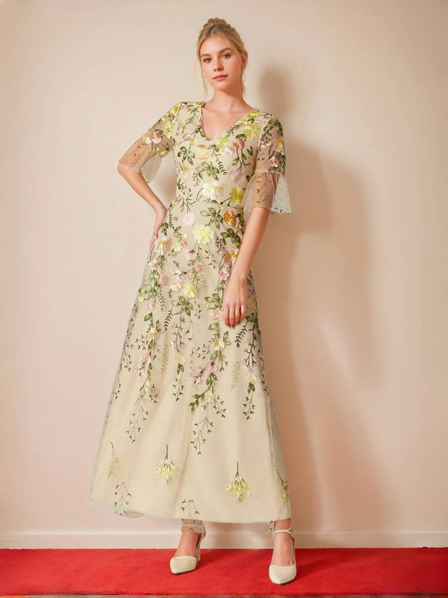 V-Neck Floral A-Line Mother of the Bride Dress with Short Sleeves and Embroidery-BMbridal