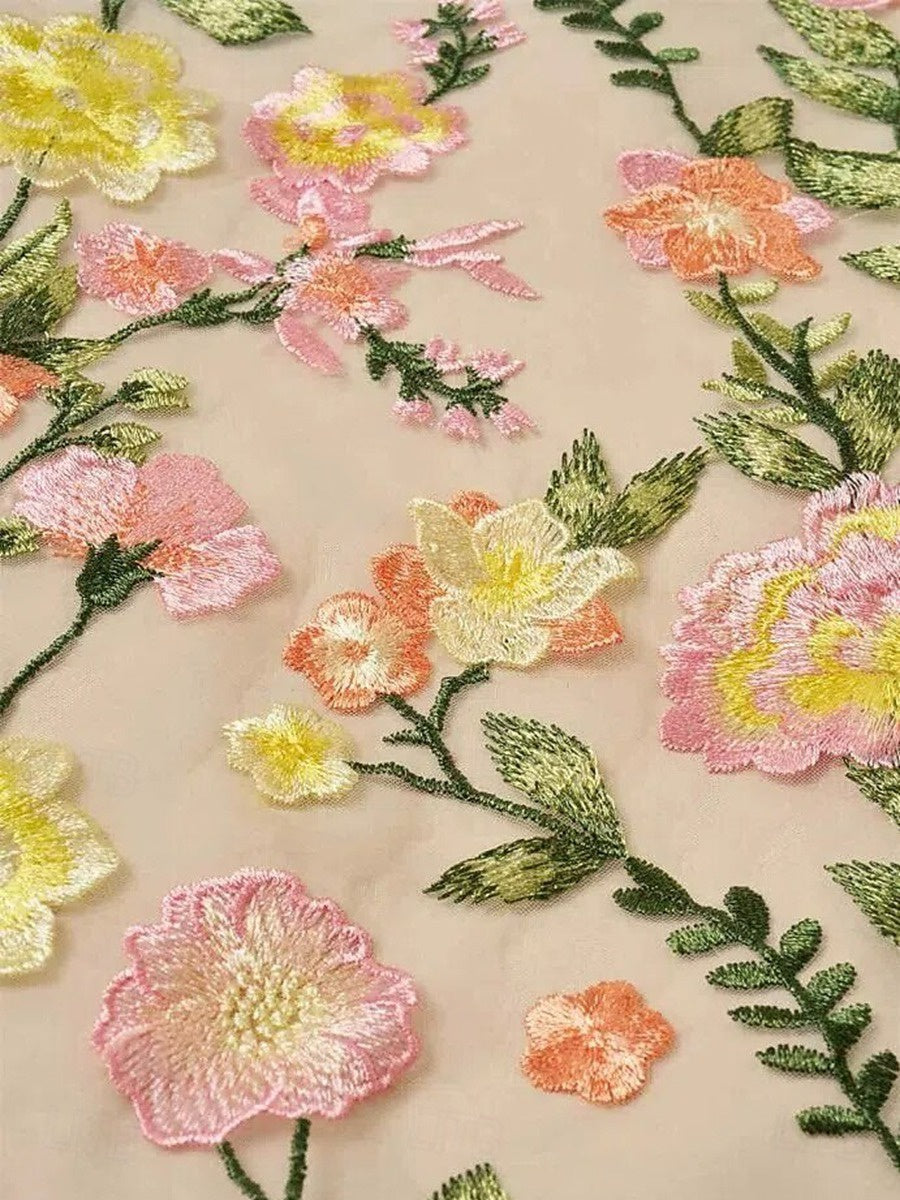 V-Neck Floral A-Line Mother of the Bride Dress with Short Sleeves and Embroidery-BMbridal