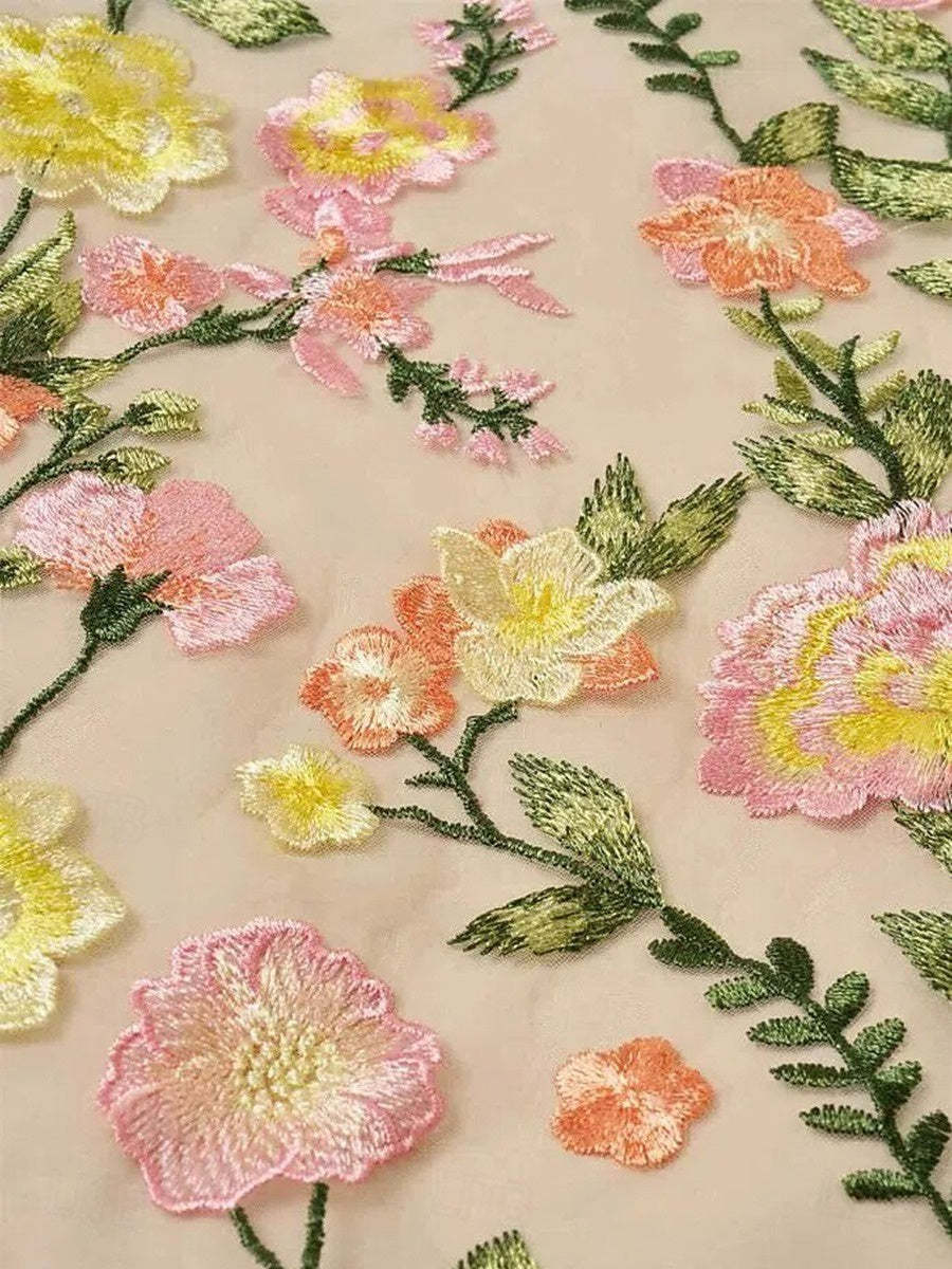 V-Neck Floral A-Line Mother of the Bride Dress with Short Sleeves and Embroidery-BMbridal