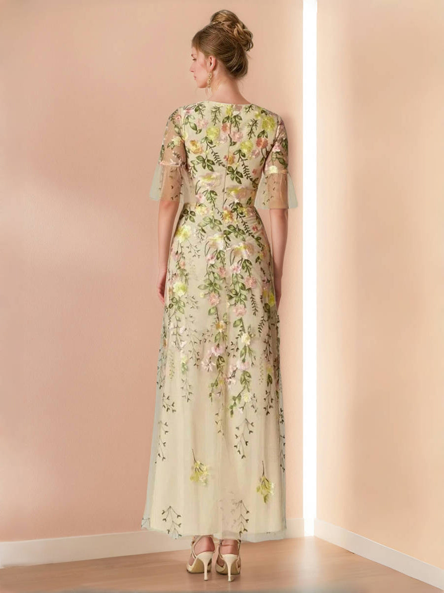 V-Neck Floral A-Line Mother of the Bride Dress with Short Sleeves and Embroidery-BMbridal