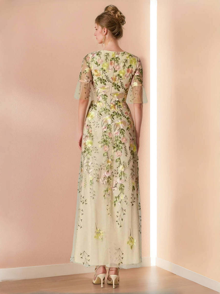 V-Neck Floral A-Line Mother of the Bride Dress with Short Sleeves and Embroidery-BMbridal