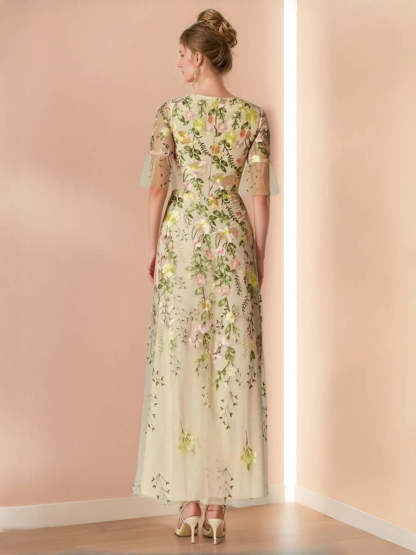 V-Neck Floral A-Line Mother of the Bride Dress with Short Sleeves and Embroidery-BMbridal