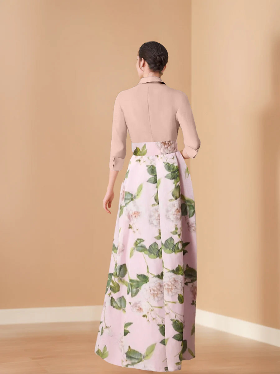 V-Neck Floral Print Mother of the Bride Dress with Bow Belt A-Line/Princess Cut and 3/4 Sleeves-BMbridal