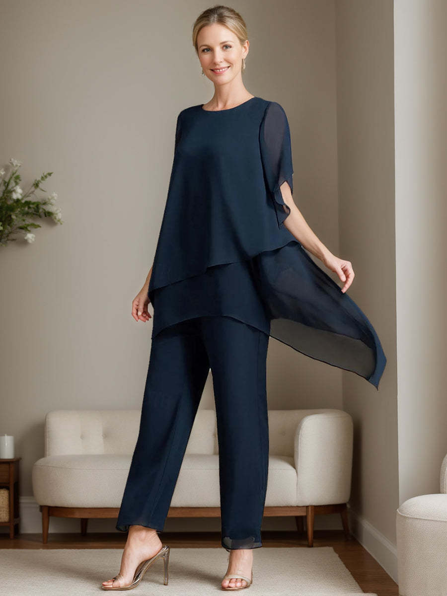 Elegant Round Neck Chiffon Pantsuits for the Mother of the Bride 2-Piece Set with Ruffles-BMbridal