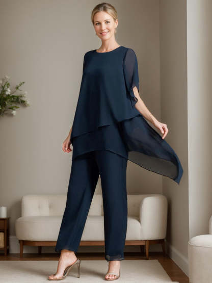Elegant Round Neck Chiffon Pantsuits for the Mother of the Bride 2-Piece Set with Ruffles-BMbridal