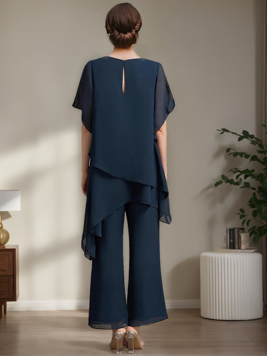 Elegant Round Neck Chiffon Pantsuits for the Mother of the Bride 2-Piece Set with Ruffles-BMbridal