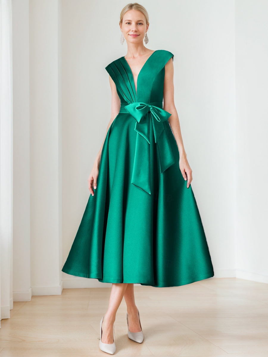 Elegant Pleated A-Line V-Neck Sleeveless Dress for Mothers of the Bride & Groom Featuring Bow Belt and Pocket-BMbridal