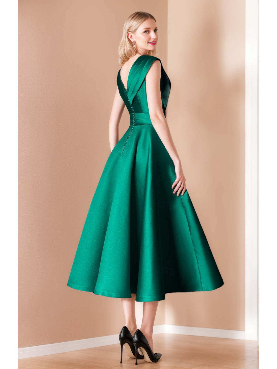 Elegant Pleated A-Line V-Neck Sleeveless Dress for Mothers of the Bride & Groom Featuring Bow Belt and Pocket-BMbridal