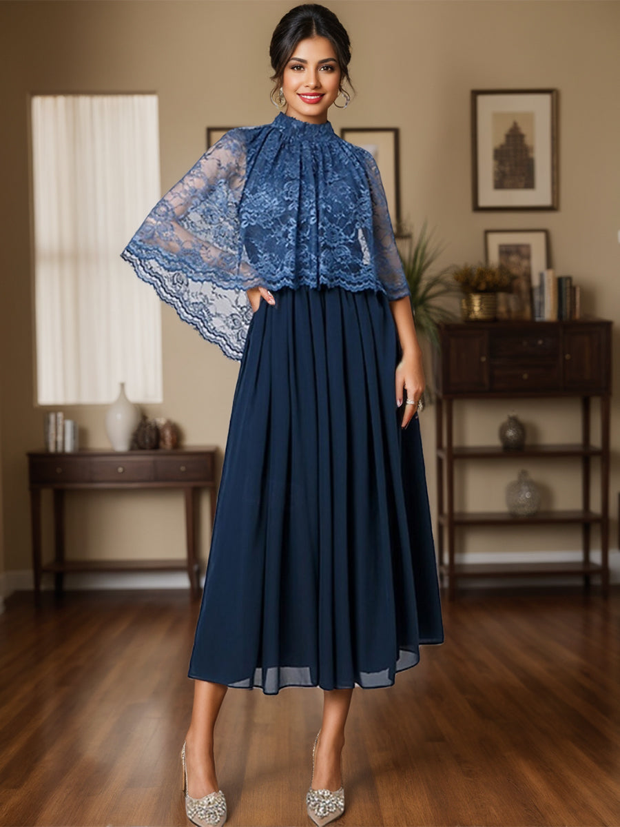Chiffon Tea-Length A-Line Dress with High Neck and Lace Appliques for Mothers of the Bride & Groom-BMbridal