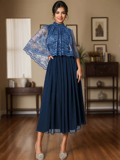 Chiffon Tea-Length A-Line Dress with High Neck and Lace Appliques for Mothers of the Bride & Groom-BMbridal