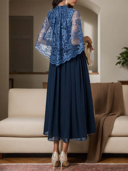 Chiffon Tea-Length A-Line Dress with High Neck and Lace Appliques for Mothers of the Bride & Groom-BMbridal