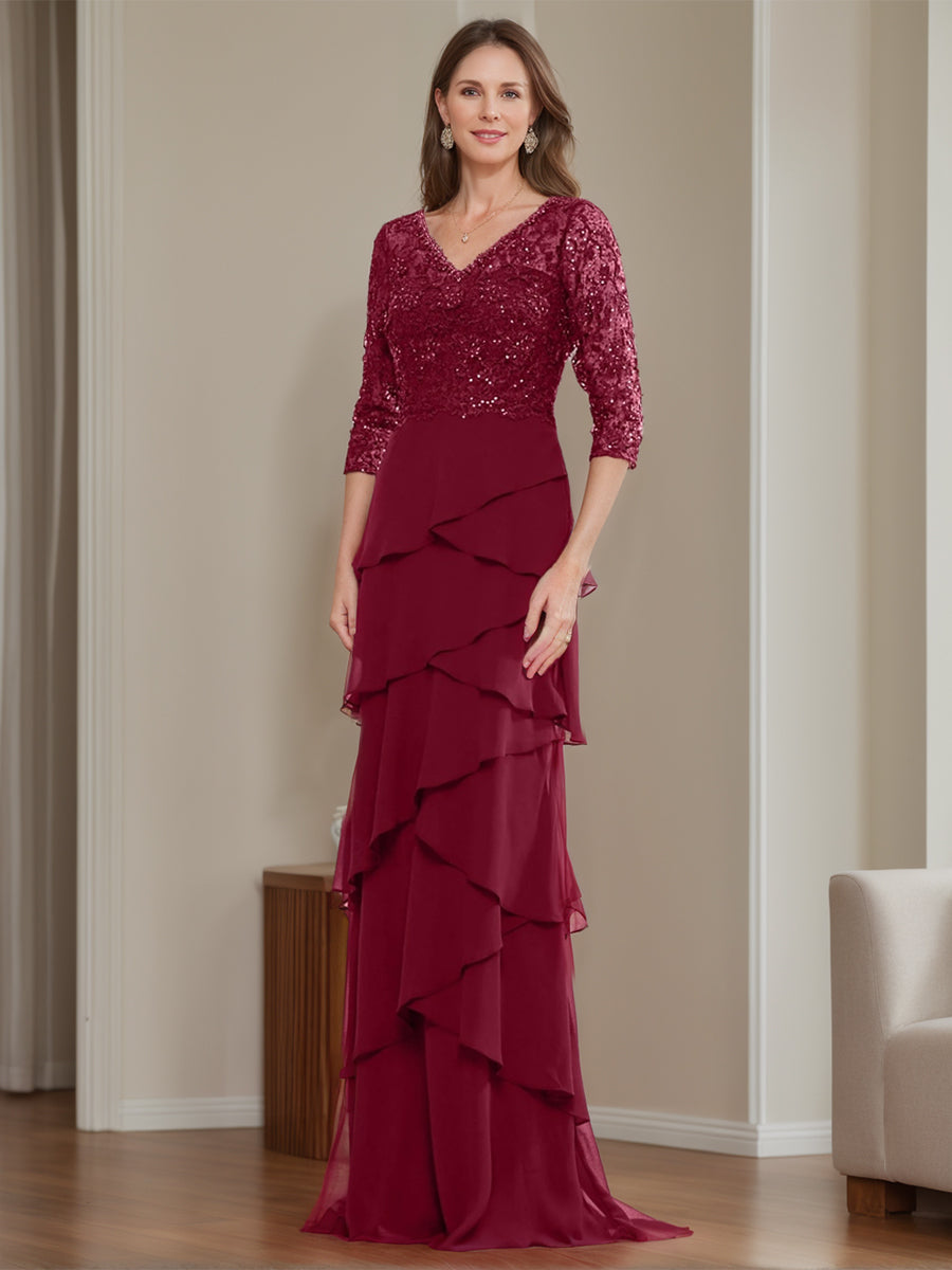 Elegant V-Neck Chiffon Sheath Dress for Mothers of the Bride & Groom with Ruffles and Appliques-BMbridal