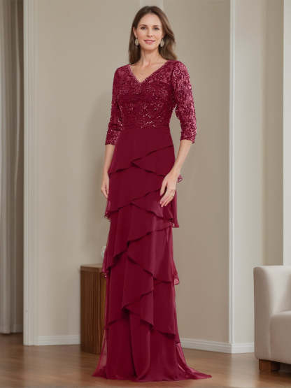 Elegant V-Neck Chiffon Sheath Dress for Mothers of the Bride & Groom with Ruffles and Appliques-BMbridal