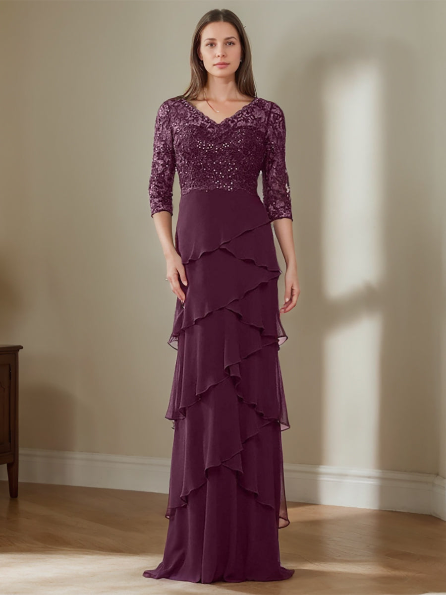 Elegant V-Neck Chiffon Sheath Dress for Mothers of the Bride & Groom with Ruffles and Appliques-BMbridal